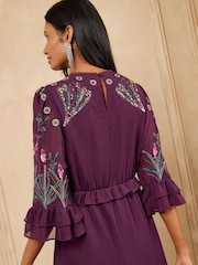 Love & Roses X V&A Purple Floral Embroidered Fluted Sleeve Midi Dress - Image 5 of 6