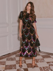 Love & Roses x V&A Multi Scallop Sequin Velvet Midi Dress - Image 1 of 6