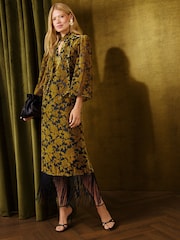 Love & Roses Ochre Yellow Sleeveless Tie Neck Devore Fringed Midi Dress - Image 1 of 6