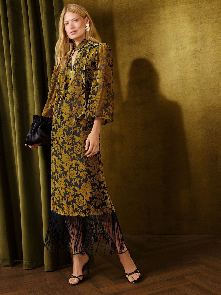 Love & Roses Ochre Yellow Sleeveless Tie Neck Devore Fringed Midi Dress - Image 1 of 6