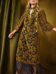 Love & Roses Ochre Yellow Sleeveless Tie Neck Devore Fringed Midi Dress - Image 3 of 6