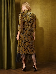 Love & Roses Ochre Yellow Sleeveless Tie Neck Devore Fringed Midi Dress - Image 4 of 6