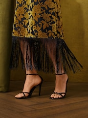 Love & Roses Ochre Yellow Sleeveless Tie Neck Devore Fringed Midi Dress - Image 5 of 6