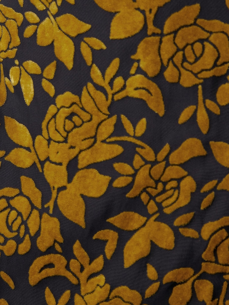 Love & Roses Ochre Yellow Sleeveless Tie Neck Devore Fringed Midi Dress - Image 6 of 6