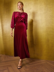 Қызыл - Love & Roses Lace Velvet Midi Tea Dress - 4суретінің 1 суреті