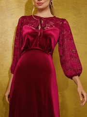 Қызыл - Love & Roses Lace Velvet Midi Tea Dress - 4суретінің 2 суреті