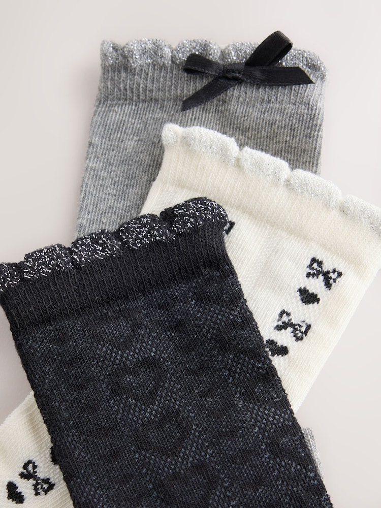 Black, White and Grey Cotton Rich Bow Ankle Socks 3 Pack - Image 2 of 3 Black, White and Grey Cotton Rich Bow Ankle Socks 3 Pack - Image 2 of 3