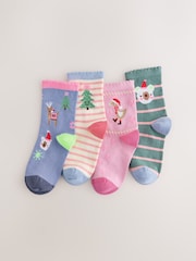 Pink Blue and Green Character Cotton Rich Christmas Ankle Socks 4 Pack - Image 1 of 3