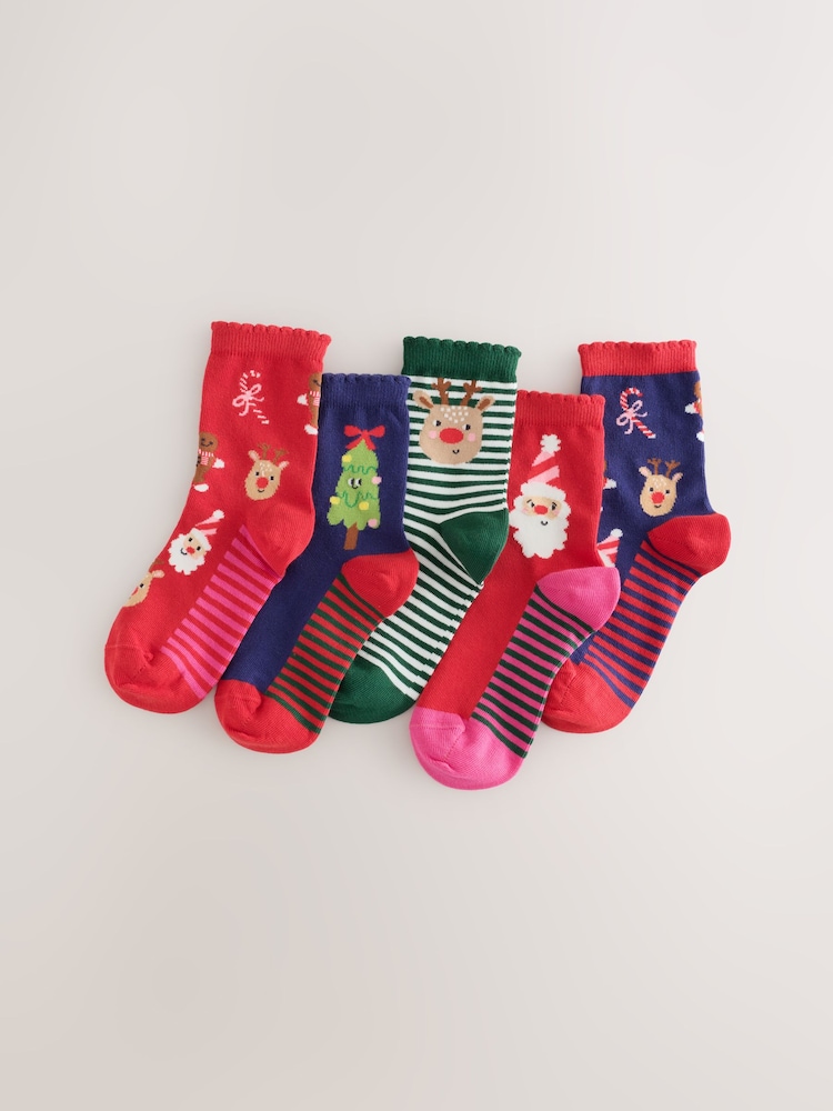 Red and Navy Blue Cotton Rich Christmas Character Ankle Socks 5 Pack - Image 1 of 3 Red and Navy Blue Cotton Rich Christmas Character Ankle Socks 5 Pack - Image 1 of 3