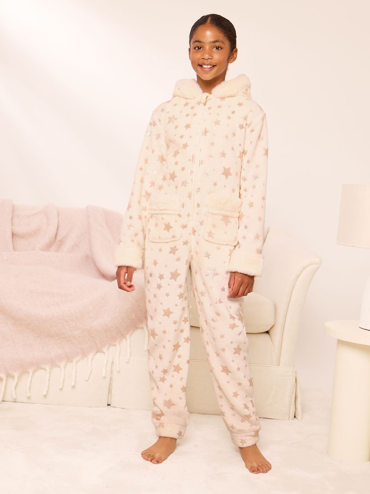 Lipsy Cream Star Soft Touch Hooded All-In-One (5-16yrs) - Image 1 of 5 Lipsy Cream Star Soft Touch Hooded All-In-One (5-16yrs) - Image 1 of 5