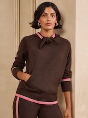 Love & Roses Chocolate Brown Tie Neck Knitted Hoodie - Image 1 of 4
