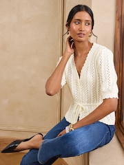 Elfenben - Love & Roses Cotton Rich Peplum Tie Front Open Stitch Knitted Cardigan - Bild 1 av 5