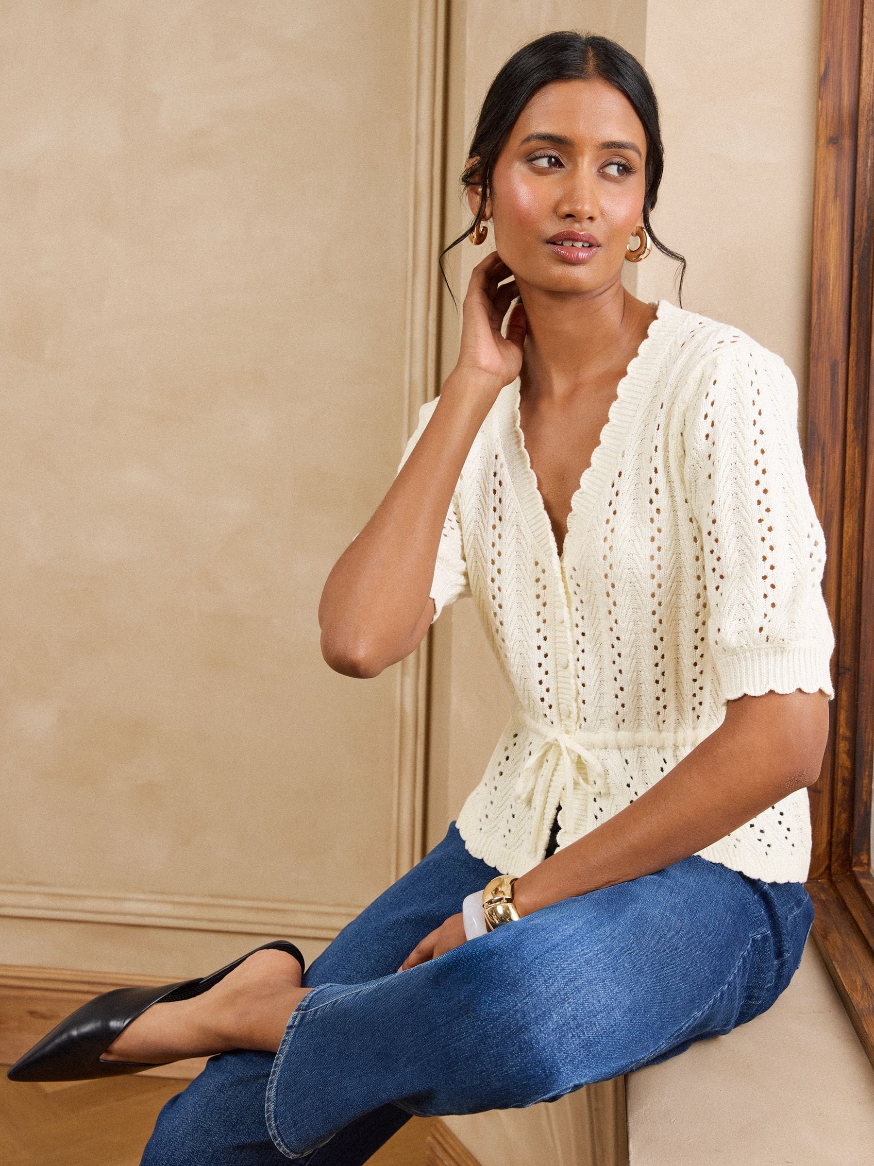 Buy Love & Roses Ivory Cotton Rich Peplum Tie Front Open Stitch