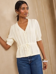 Elfenben - Love & Roses Cotton Rich Peplum Tie Front Open Stitch Knitted Cardigan - Bild 3 av 5