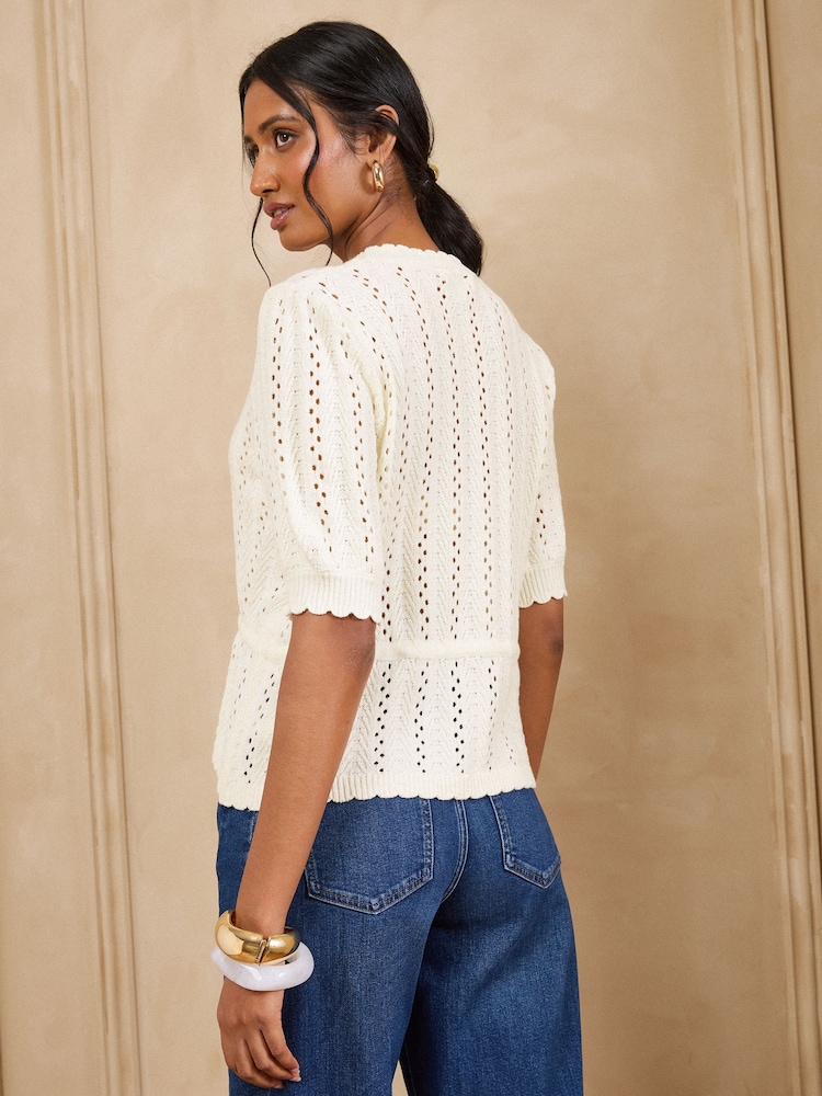 Elfenben - Love & Roses Cotton Rich Peplum Tie Front Open Stitch Knitted Cardigan - Bild 5 av 5