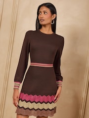 Love & Roses Crew Neck Chevron Striped Knitted Mini Dress - Attēls 1 no 5