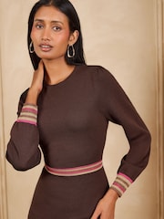 Love & Roses Crew Neck Chevron Striped Knitted Mini Dress - Attēls 3 no 5