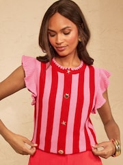 Love & Roses Pink And Red Frill Sleeve Detail Striped Cotton Rich Crew Neck Knitted Top - Image 1 of 4