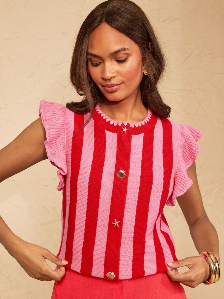 Love & Roses Pink And Red Frill Sleeve Detail Striped Cotton Rich Crew Neck Knitted Top - Image 1 of 4