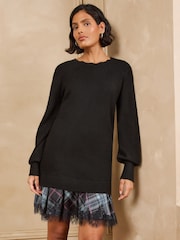 Love & Roses Black Petite Woven Mix Crew Neck Knitted Mini Dress - Image 1 of 5