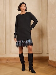 Love & Roses Black Petite Woven Mix Crew Neck Knitted Mini Dress - Image 3 of 5
