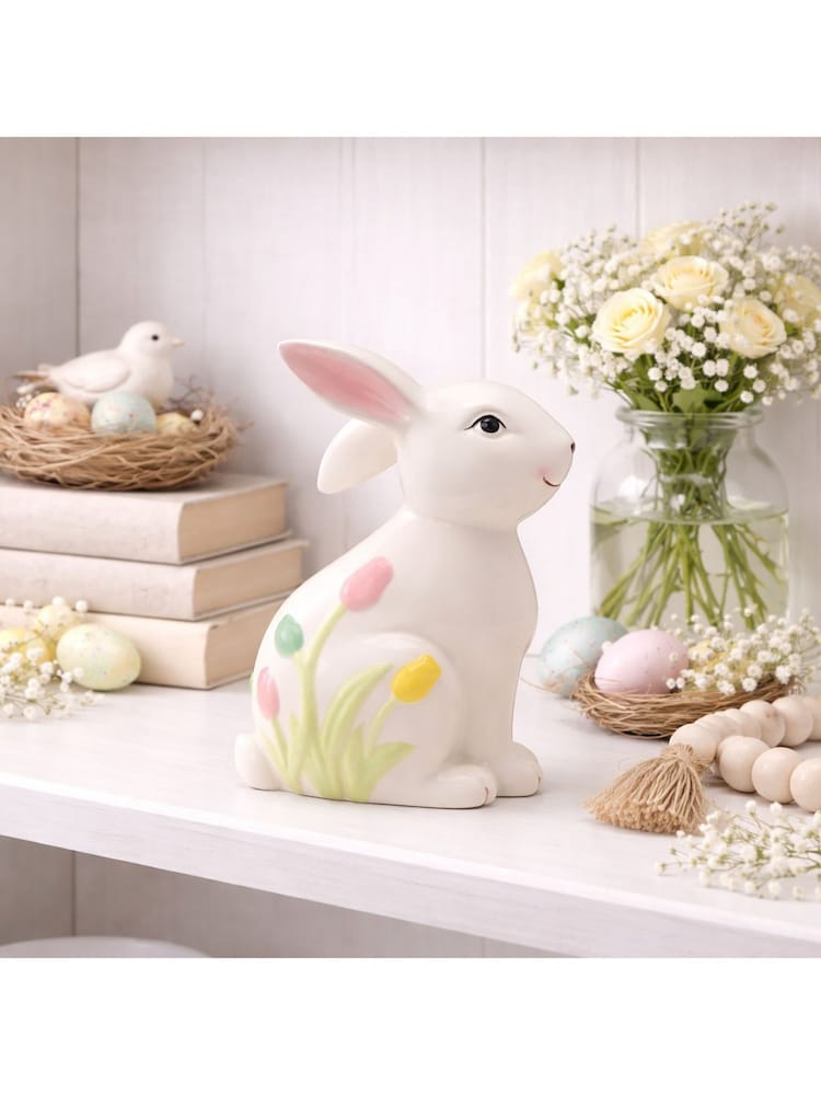 Widdop White Bunny Figurine With Floral Decor 17cm - Image 1 of 6 Widdop White Bunny Figurine With Floral Decor 17cm - Image 1 of 6