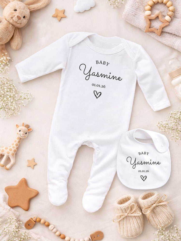 Personalised Name & Date Matching Sleepsuit & Bib Set - Image 1 of 4