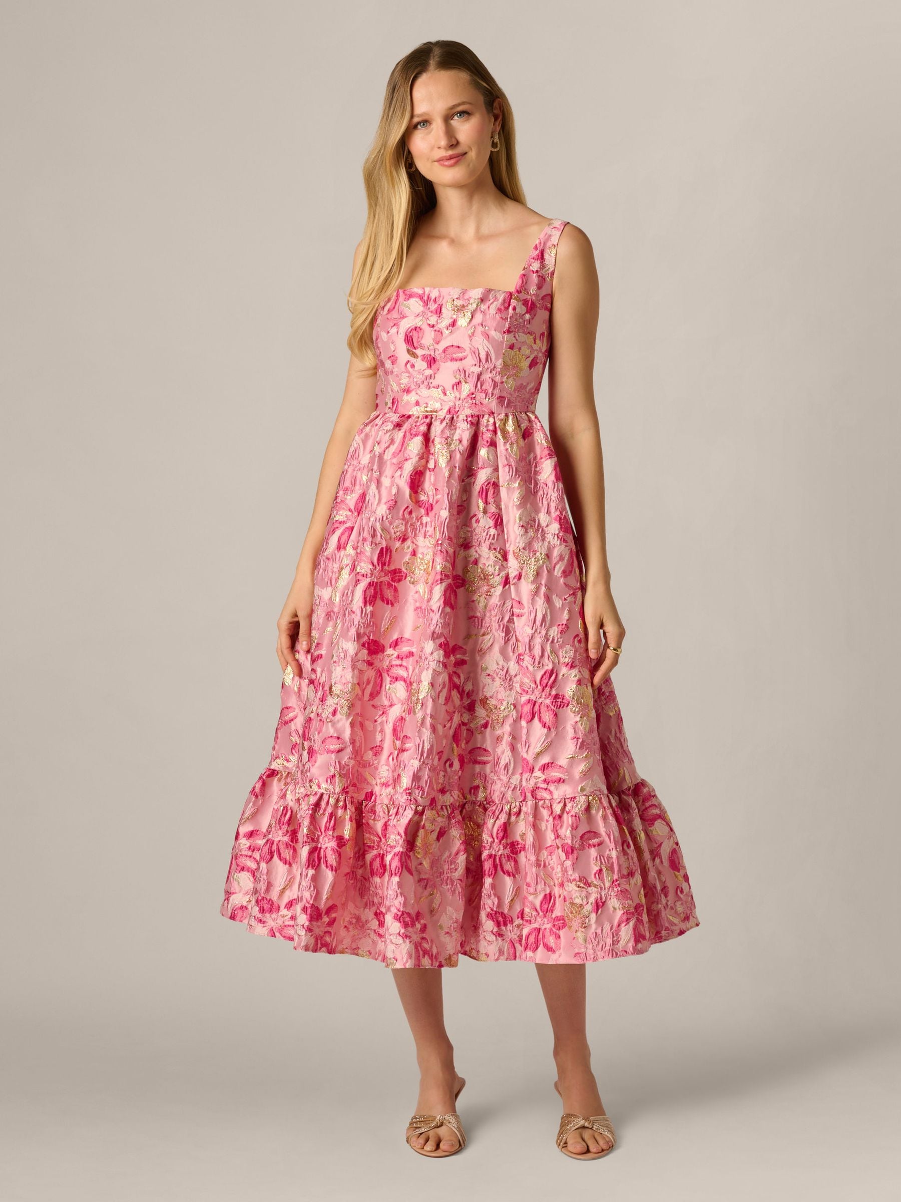 Buy Adrianna Papell Pink Jacquard Flounce Dress from Next USA