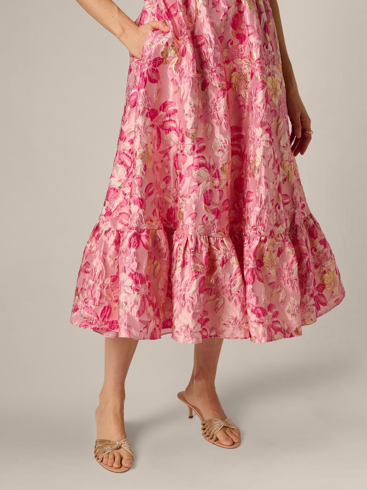 Adrianna Papell Pink Jacquard Flounce Dress - Image 6 of 6