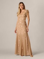 Adrianna Papell Natural Bead Mesh Godet Long Dress - Image 1 of 6