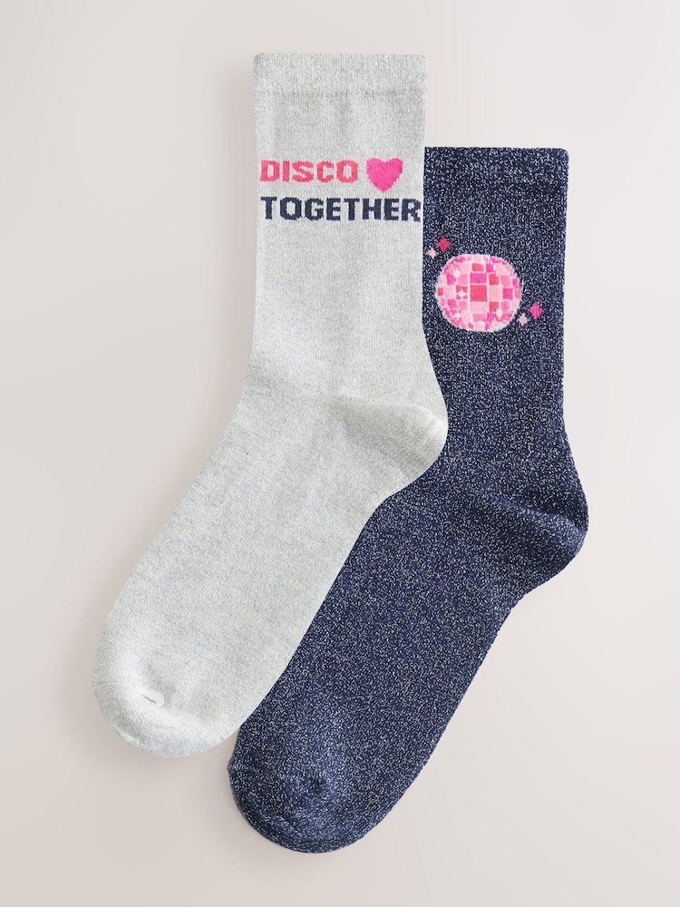 Navy Blue / Silver Disco Together' Slogan Sparkle Ankle Socks 2 Pack - Image 1 of 5 Navy Blue / Silver Disco Together' Slogan Sparkle Ankle Socks 2 Pack - Image 1 of 5