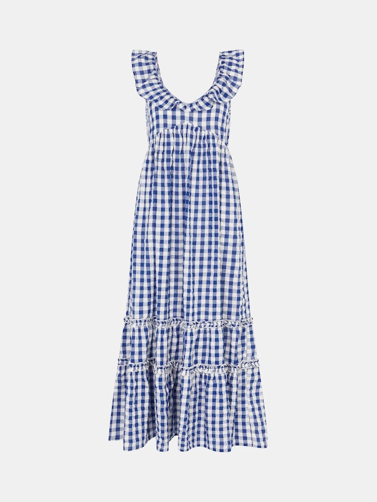 Accessorize Blue Gingham Print Ruffle Midi Dress - Image 4 of 4