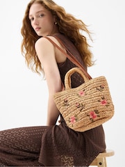 Accessorize Natural Floral Embroidered Raffia Bag - Image 3 of 3