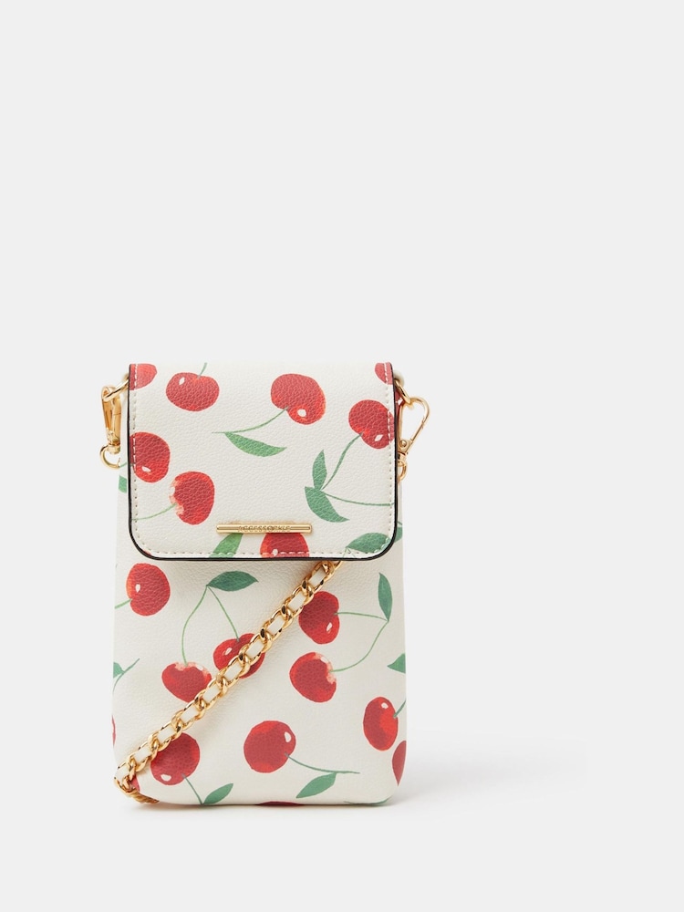 Accessorize Cream Cherry Print Phone Bag - Image 1 of 3 Accessorize Cream Cherry Print Phone Bag - Image 1 of 3