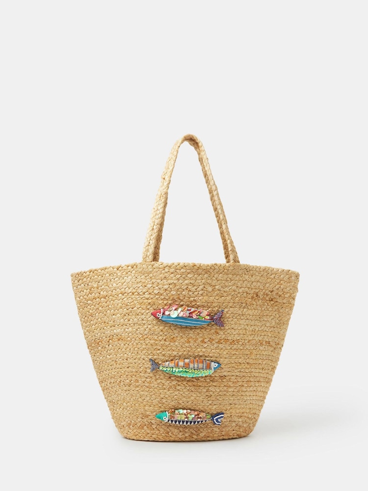 Accessorize Natural Beaded Fish Woven Basket Bag - Image 1 of 3 Accessorize Natural Beaded Fish Woven Basket Bag - Image 1 of 3