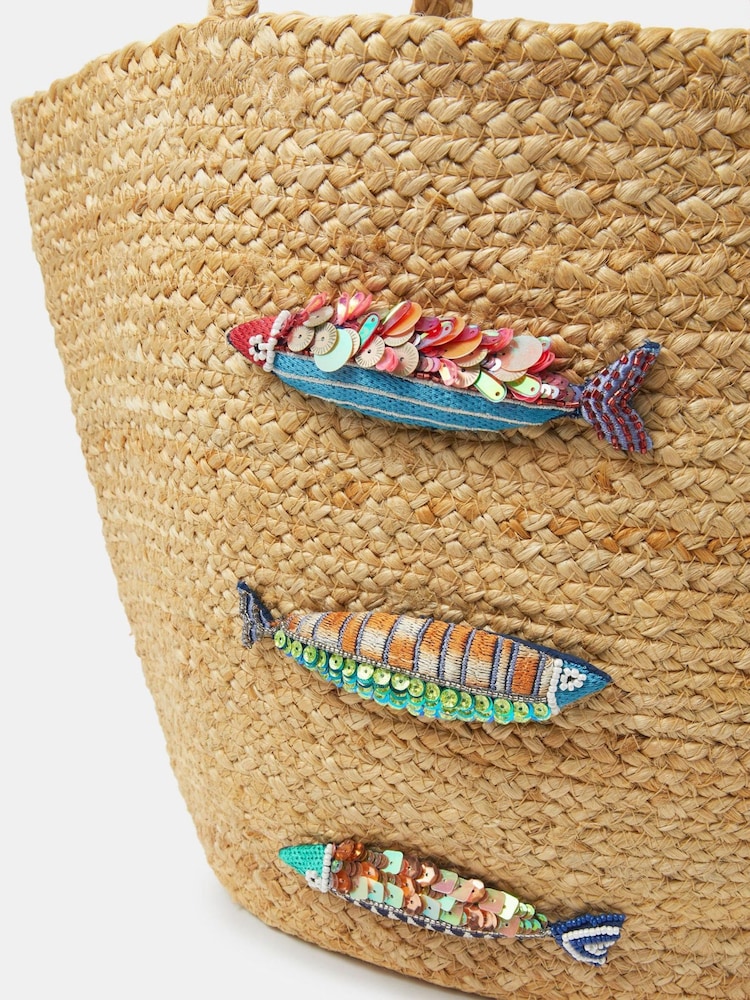 Accessorize Natural Beaded Fish Woven Basket Bag - Image 2 of 3 Accessorize Natural Beaded Fish Woven Basket Bag - Image 2 of 3