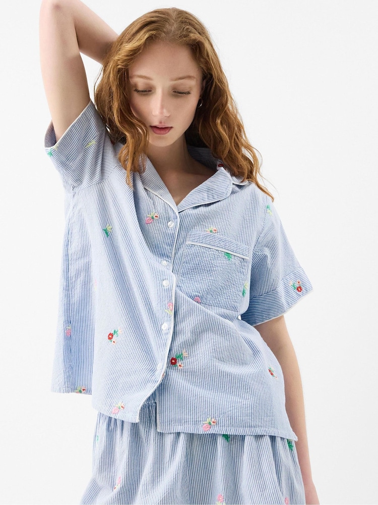 Accessorize Blue Floral Stripe Short Pyjamas Set - Image 2 of 4 Accessorize Blue Floral Stripe Short Pyjamas Set - Image 2 of 4