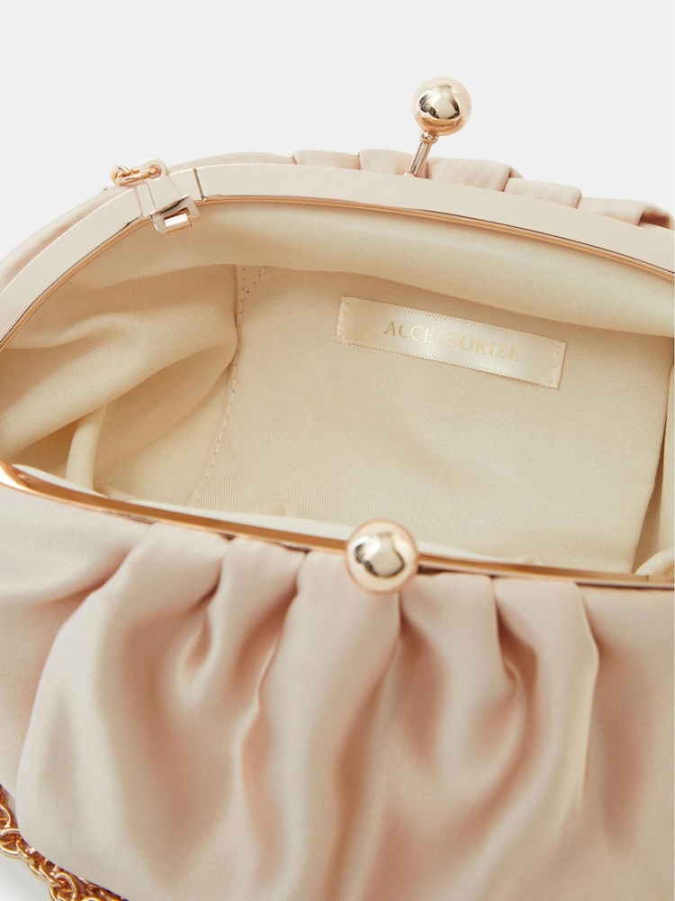 Accessorize Natural Ruched Satin Clip Frame Clutch Bag - Image 2 of 3