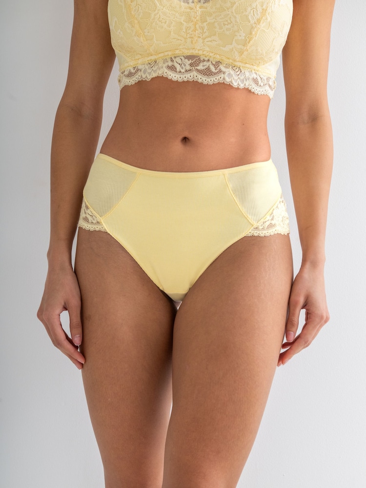 Pour Moi Yellow Love To Lounge Lace and Modal Rib Midi Briefs - Image 2 of 5 Pour Moi Yellow Love To Lounge Lace and Modal Rib Midi Briefs - Image 2 of 5