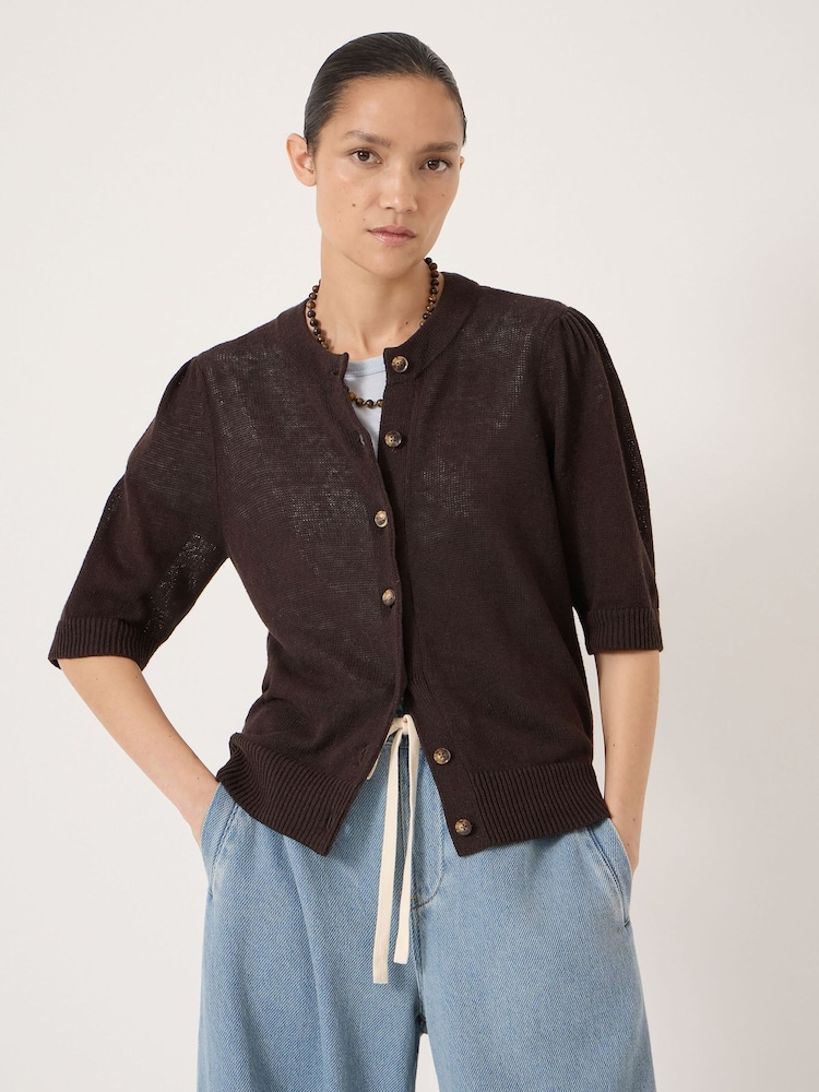 Hush Brown Celeste Short Sleeve Linen Blend Cardigan - Image 1 of 5 Hush Brown Celeste Short Sleeve Linen Blend Cardigan - Image 1 of 5