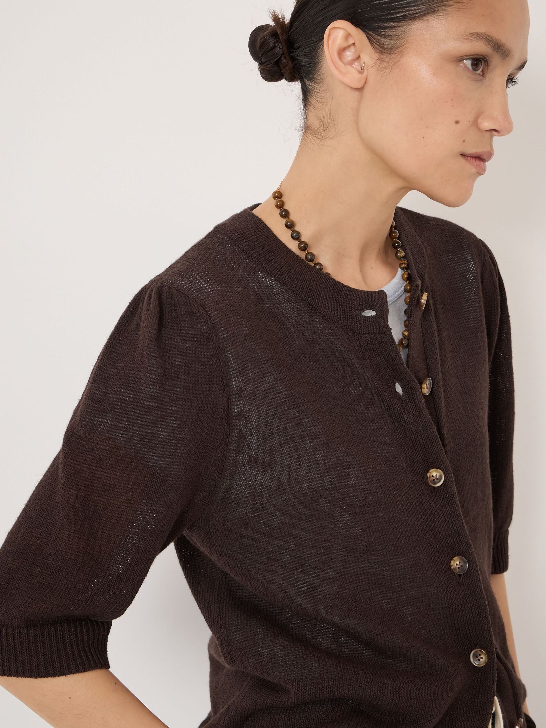 Buy Hush Brown Celeste Short Sleeve Linen Blend Cardigan from the