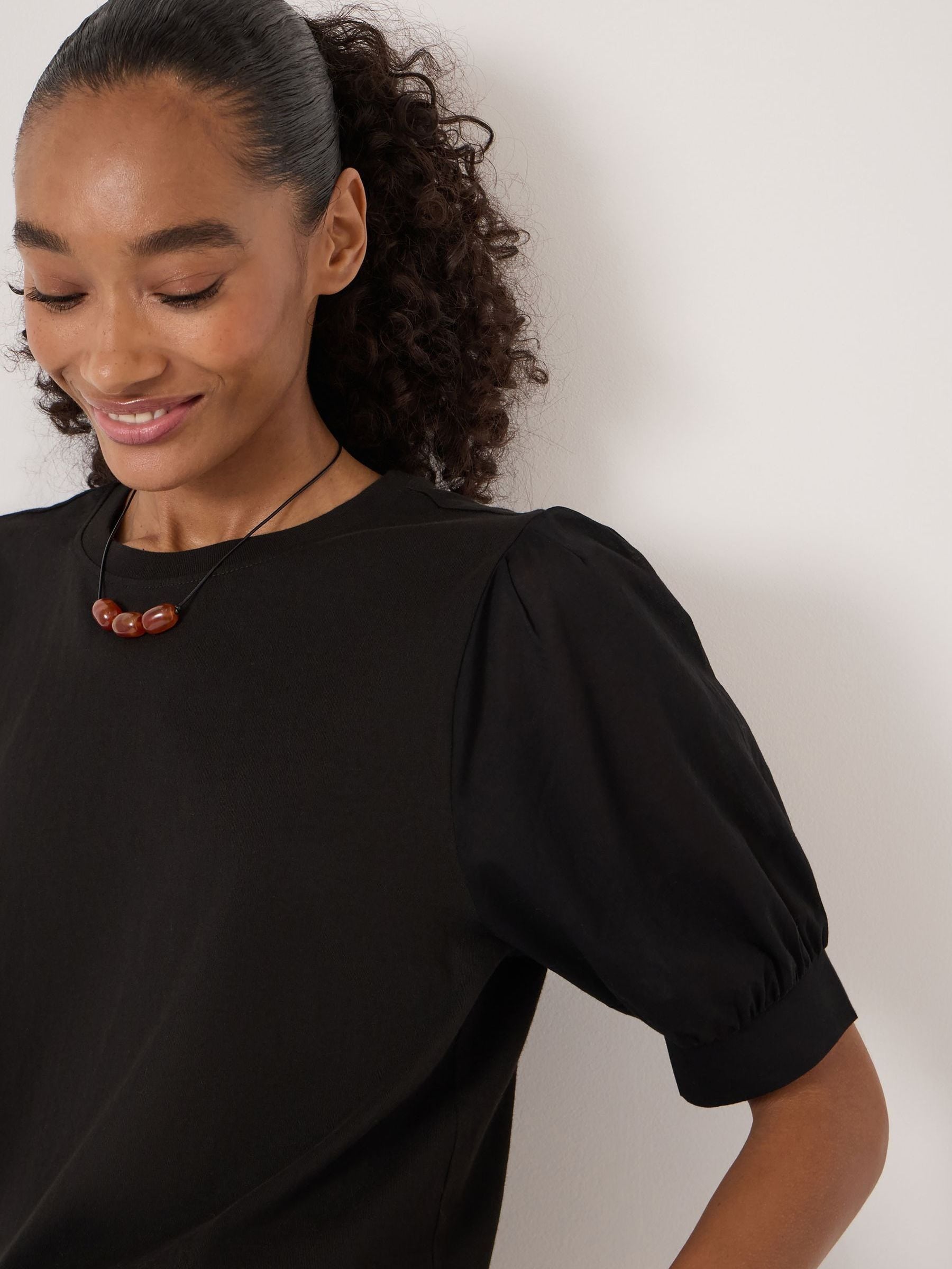 Buy Hush Black Talia Cotton Woven Puff Sleeve T-Shirt from the