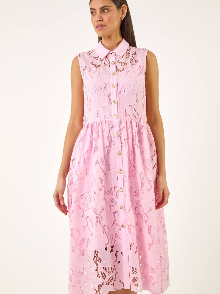 Roman Pink Lace Shirt Belted Dress - Image 2 of 5 Roman Pink Lace Shirt Belted Dress - Image 2 of 5