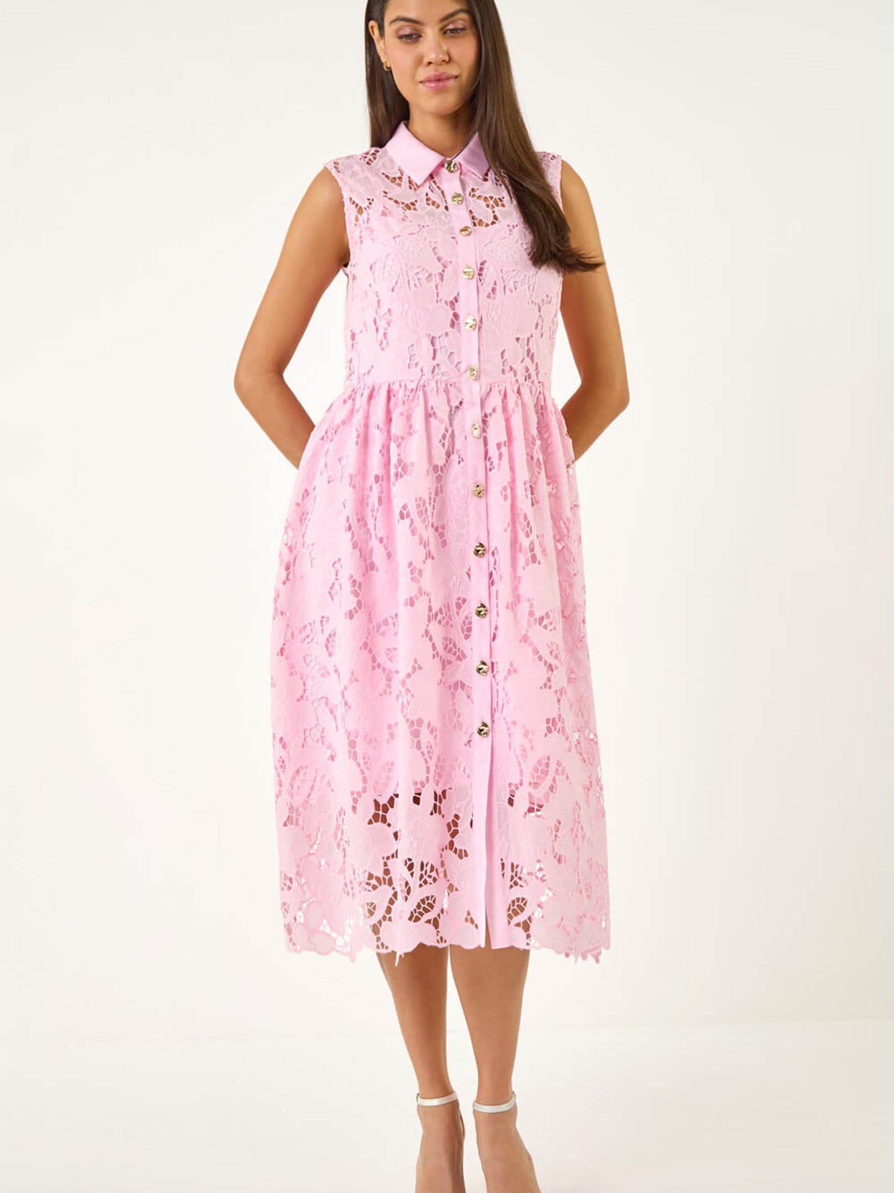 pink lace dress with belt Lace Chantilly Midi Dress with Velvet Collar and Belt