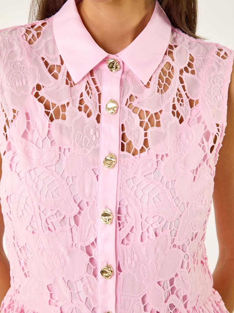 Roman Pink Lace Shirt Belted Dress - Image 5 of 5 Roman Pink Lace Shirt Belted Dress - Image 5 of 5