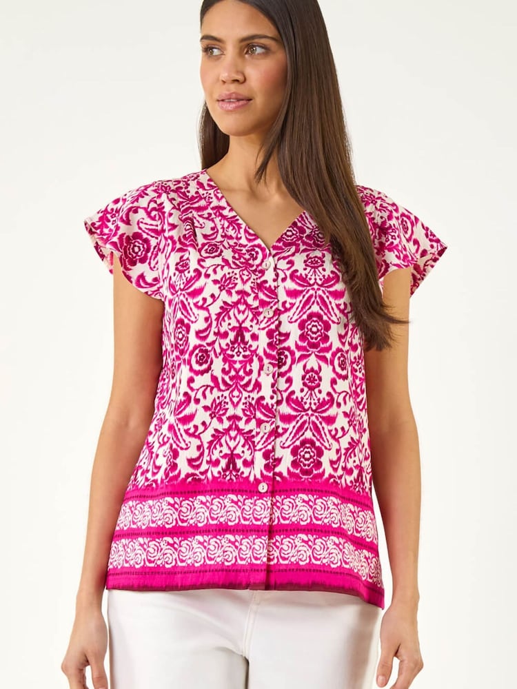 Roman Pink Floral Border Print Frill Blouse - Image 2 of 5