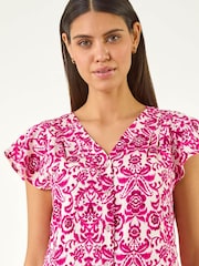Roman Pink Floral Border Print Frill Blouse - Image 4 of 5