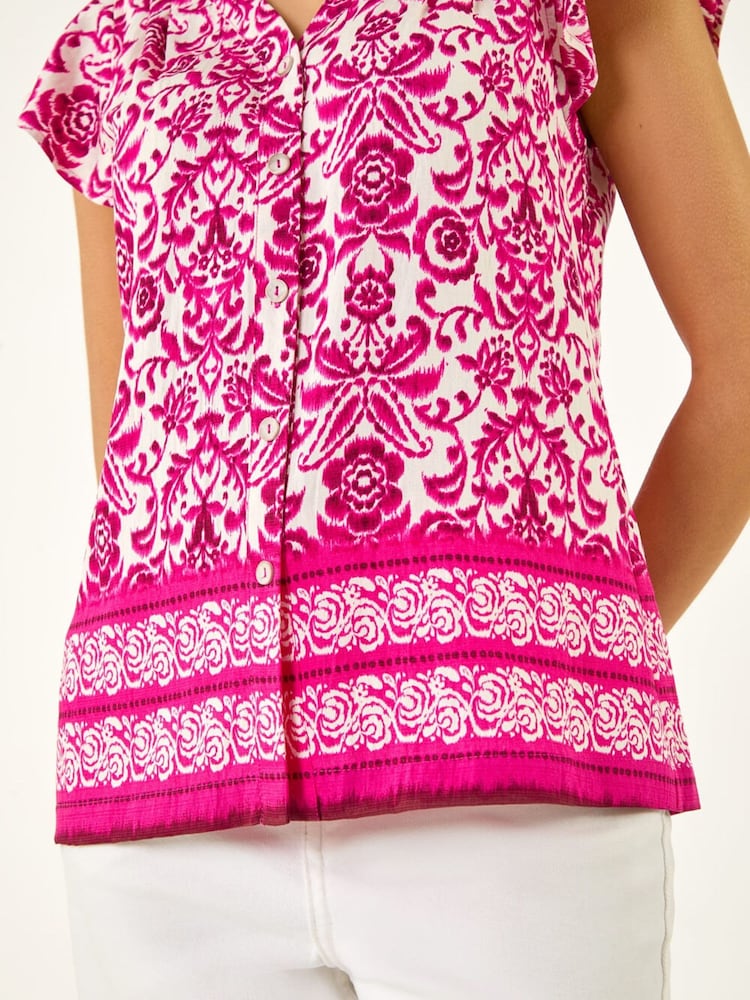 Roman Pink Floral Border Print Frill Blouse - Image 5 of 5
