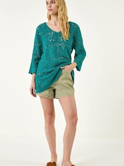 Roman Green Cotton Crochet Tunic Top - Image 1 of 5