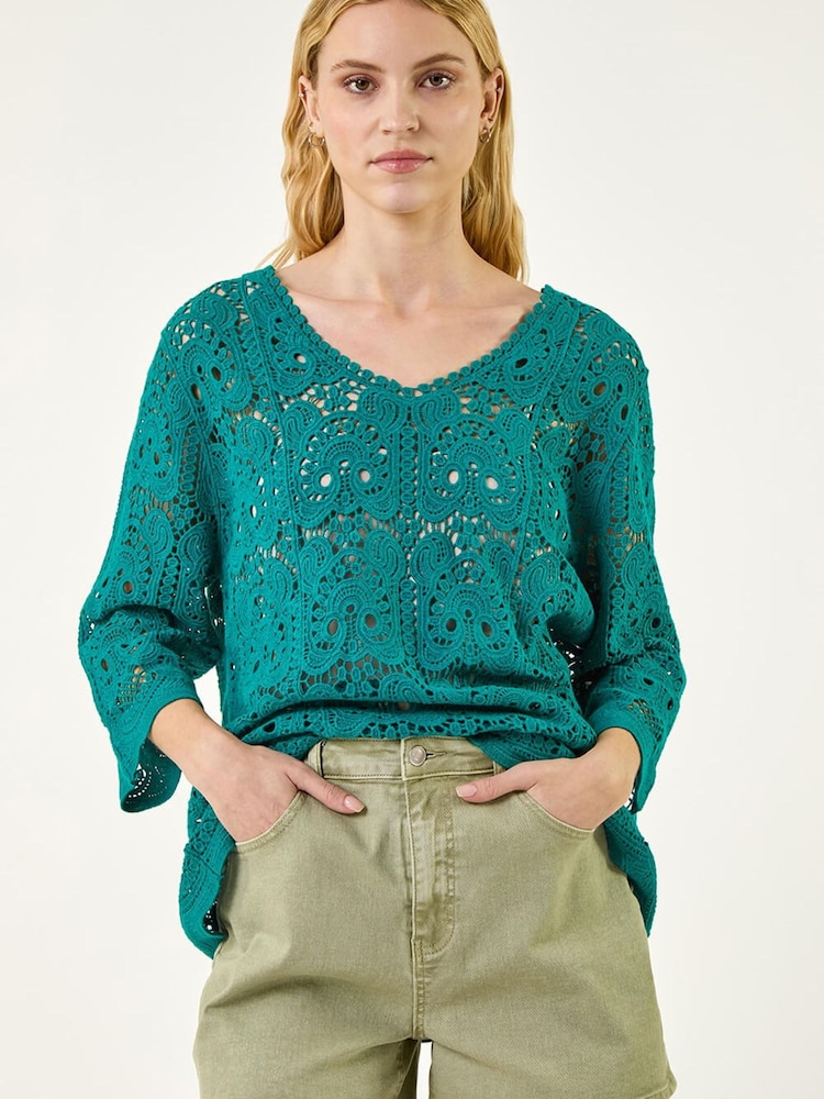 Roman Green Cotton Crochet Tunic Top - Image 2 of 5 Roman Green Cotton Crochet Tunic Top - Image 2 of 5